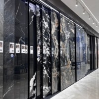 Dalles de pierre artificielle frittée moderne 1200x2400x9, brillantes, ignifuges et antidérapantes pour sols et murs, idéales pour les halls intérieurs d'hôtels.