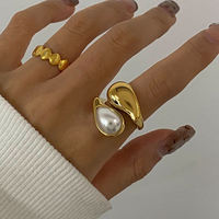 Elegant Style Faux Pearl Drop Ring 18K Gold Stainless Steel Waterdrop Inlaid Minimalist Fashion Open Ring for Women