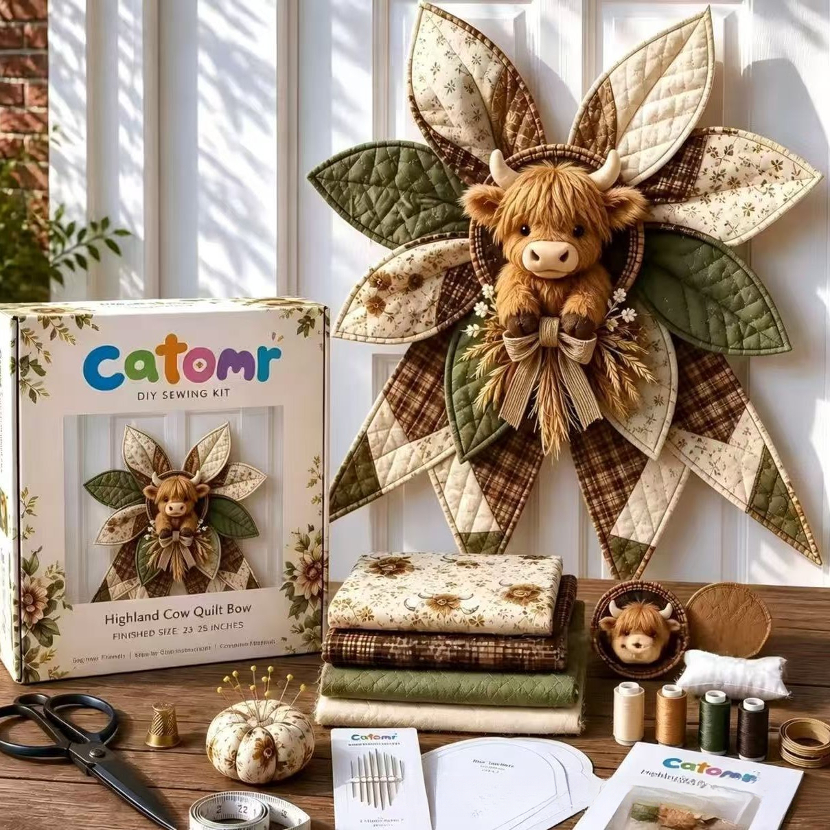 Multicolor Patchwork Bow - Highland Cow