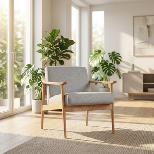 Modern Grey Fabric Armchair with Teak Wood Frame Solid Back Midcentury Design Adjustable Living Room Chair - Product Image 1