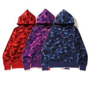Custom Hip Hop All Over Print Camo Hooded Sweatshirt Full Zip Up Embroidered Oversized French Terry Hoodies