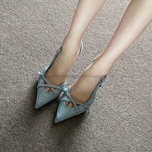 Factory Wholesale New Sandals Blue Denim <b>Covered</b> <b>Head</b> One Line Stiletto Heels Women - Product Image 5