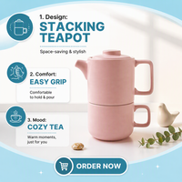 Service à thé rose bébé pour une personne, ensemble empilable, théière mate avec tasse et couvercle, en grès et porcelaine, tasse à expresso empilable, cadeau