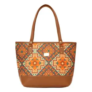 Sac fourre-tout en toile pour femme Fana Ethan, motif géométrique, fermeture éclair, sac de shopping, poignées marron clair - Product Image 1
