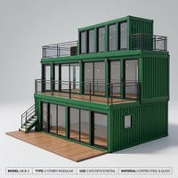 Maison conteneur verte à 3 étages, café-bar-restaurant-bureau-entrepôt modulaire, structure en acier, couleur personnalisée