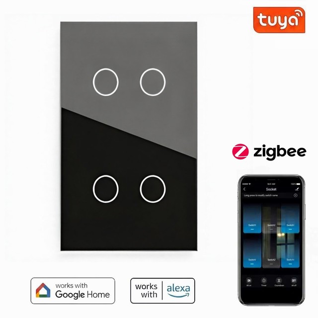 4 Gang  LED Light Touch Glass Tuya Zigbee for Alexa Google App Control  Wall Smart Switch and Socket for Home
