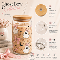 Gobelet en verre transparent fantôme mignon personnalisé avec logo, 16 oz, avec couvercle en bambou et paille en verre, idéal pour les cadeaux de fête d'Halloween (vente en gros)