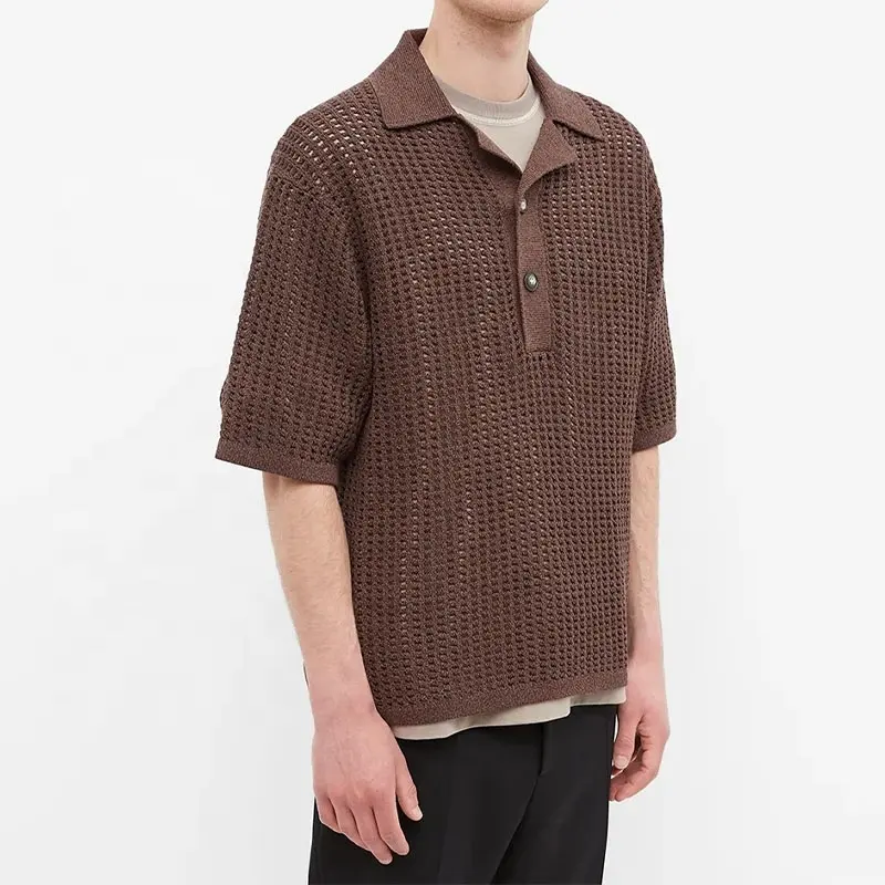 男性用OEMカスタム半袖ボタン前立てコットンポロかぎ針編みシャツ