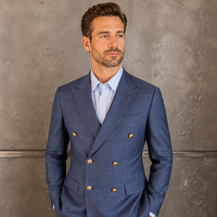 Jas Pria Biru Double Breasted Enam Kancing Emas Kerah Peak Lapel Slim Fit Blazer Pernikahan Pengantin Pria Jas Bisnis untuk Pria Custom MTM