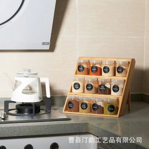 Cross-border <b>kitchen</b> countertop bamboo spice <b>rack</b>, solid wood three-tier wooden spice storage <b>rack</b> for home use. - Product Image 1