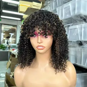 Goodluck RTS Wig Bob keriting mewah harga murah dengan mesin poni Wig buatan untuk semua wanita Wig rambut manusia keriting Brasil