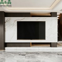 Mueble de TV Moderno SLS con Columna de Chimenea de Mármol, Consola Multimedia Acanalada, Estantes LED y Almacenamiento Oculto