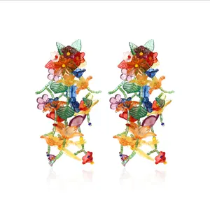 हस्तनिर्मित फूल लटकन झुमके लंबे मनके लटकना ड्रॉप फ्रिंज कान की बाली