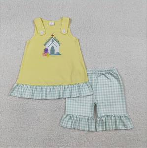 Conjunto de ropa de verano para niñas, pantalones cortos a cuadros, Top amarillo con bordado de Jesus Loves Me, GSSO2966 - Product Image 3