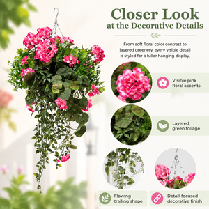 Cesta Colgante con <span class=keywords><strong>Geranios</strong></span> Artificiales Blancos, Arreglo Floral con Hojas Verdes Largas, Decoración Ecológica para Balcón, Jardín, Hotel - Product Image 4