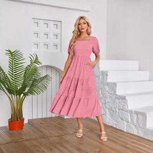 Best Price Puff Sleeve Beach <b>Dress</b> Women's Square Neck Back Pleated Short Sleeve Pocket <b>Dress</b> for Evening Party <b>Dress</b> - Product Image 2