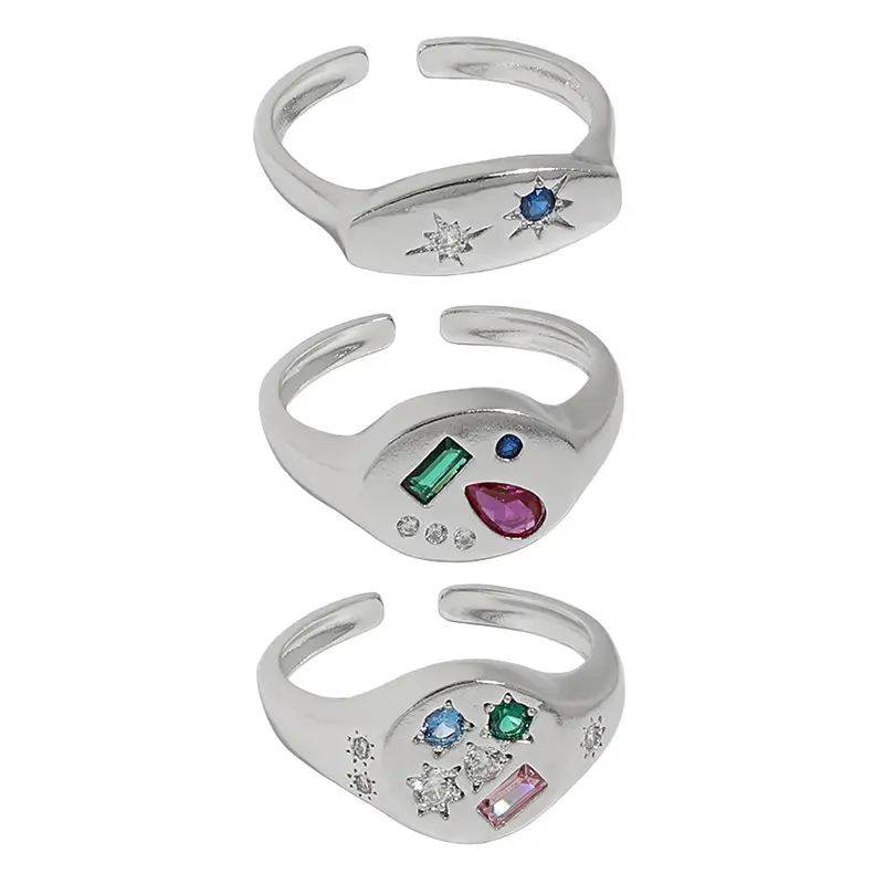 Ins Trendy Minimale Custom Vrouwelijke Bruiloft Sieraden Verstelbare Kleurrijke Zirkonia Steen 925 Sterling Zilveren Open Signet Ring