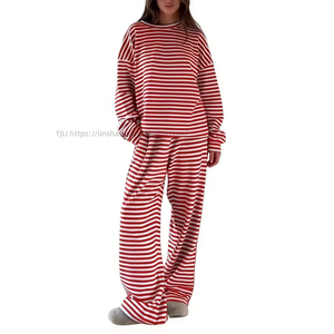 Women's Wear Red Striped Long-Sleeve Shirt Top Casual High-Waisted Wide-Leg <b>Pants</b> African 2-Piece Set Fashion - Product Image 6