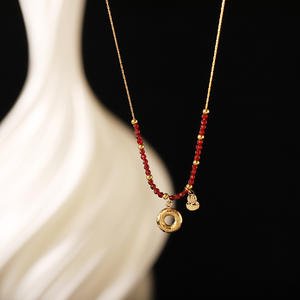 New Chinese Stainless Steel Gold Plated Trendy Geometric Pendant Necklace Collarbone <b>Chain</b> Red Bead Women's Anniversary Jewelry - Product Image 2