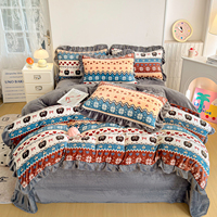 Parure de lit 4 pièces en velours de lait polyester, motif Fair Isle, avec jupe de lit princesse coréenne à volants pour la décoration de chambre d'hiver