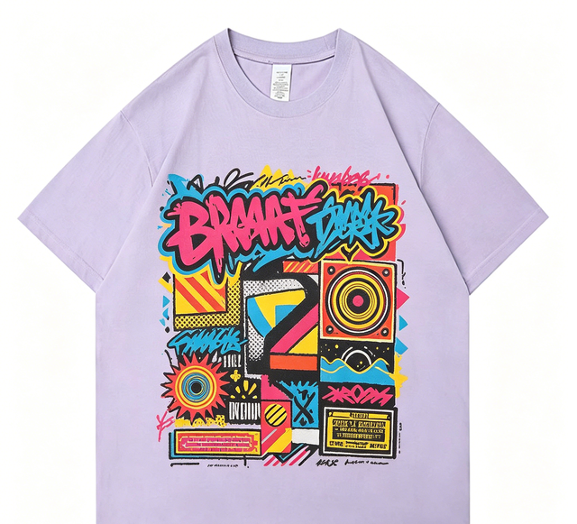 Custom Kornit Printed 100% Cotton Retro Pop Art Graffiti T-Shirt Vibrant Music Speaker Print Oversized Eco-Friendly Streetwear