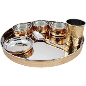 <b>Set</b> of <b>8</b> Stainless Steel and Copper Traditional <b>Dinnerware</b> 13-Inch Thali Plate Bowls Glass Spoon Single Pack - Product Image 1