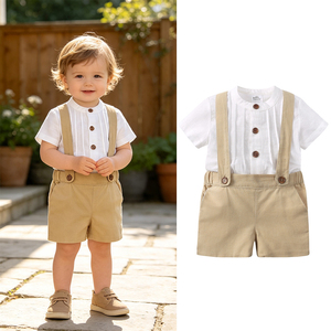 Ensemble chemise plissée et <span class=keywords><strong>short</strong></span> pour tout-petit garçon, haut en coton et <span class=keywords><strong>lin</strong></span> <span class=keywords><strong>blanc</strong></span> avec <span class=keywords><strong>short</strong></span> à bretelles réglables, tenues décontractées pour enfants, vente en gros - Product Image 1