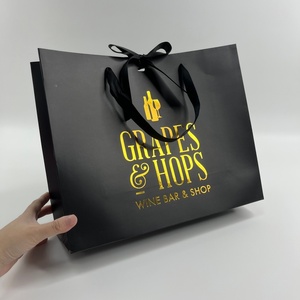Custom Luxury Gold Foil Logo Screen Printed Black Paperboard Biodegradable Ribbon Handle Clothing Cosmetics Jewelry Packaging - Product Image 1