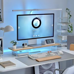 Supporto per Monitor in Bambù con Luci RGB, Ripiano da Scrivania con Gambe in Acrilico per Ufficio - Product Image 1