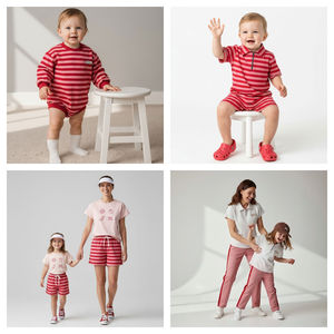 Conjuntos Familiares de Verano Personalizados de Algodón, Camiseta de Manga Corta con Hombros Caídos para Mamá, Papá e Hijo, Conjunto de Pantalones Cortos a Rayas para Vacaciones - Product Image 2