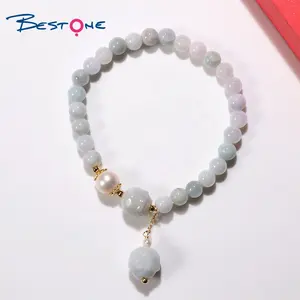 Bestone Wholesale 6mm Natural Jade with Freshwater Pearl Beads Bracelet Jade Convallaria Majalis Charm Bracelet for Women