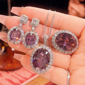 Fashion Eco-friendly Copper Gold Plated 15*20mm Zircon Pendant <b>Earrings</b> Set Big Shiny Stone Jewellery Set for Womens - Product Image 3