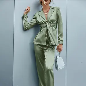 2022 vendita calda primavera trendy allacciata con cintura in raso tasche eleganti ufficio donna abiti da donna economici blazer e pantaloni set di due pezzi