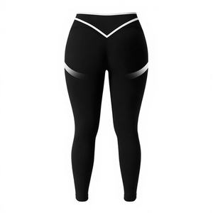 Leggings de Yoga Sólidos de Cintura Alta, Sin Costuras, con Detalles Blancos y Diseño Fruncido en los Glúteos, para Gimnasio, Correr y Entrenamiento - Product Image 1