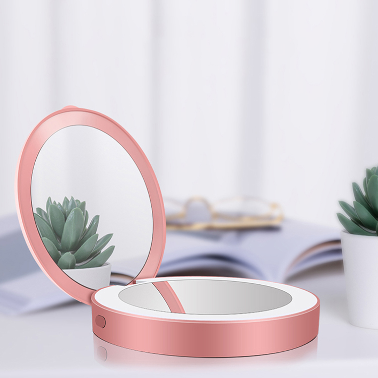 2021 Amazon Hot Selling Portable mobile power Double sided mini table pocket led makeup mirror with lights