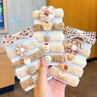 Lot de 5 élastiques à cheveux mignons pour filles avec nœuds, motif ours de dessin animé marron et fleurs, accessoires pour cheveux élastiques pour enfants