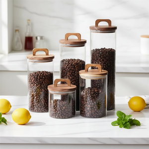 Küchenzubehör BPA-freies Handgefertigtes Klares Zylindrisches Weithalsglas Leeres Borosilikatglas Kerzen-Aufbewahrungsglas mit Holzdeckel - Product Image 2