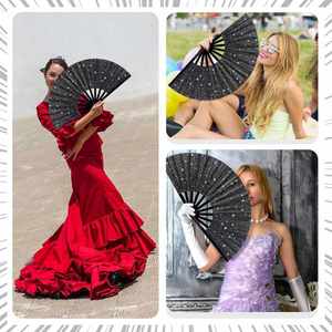 Éventail Pliant en Bambou Écologique 33 cm, Motif Artisanal Musical, Finition Pailletée Argent et Noir, avec Étui en Tissu Peint – Grande Vente - Product Image 5