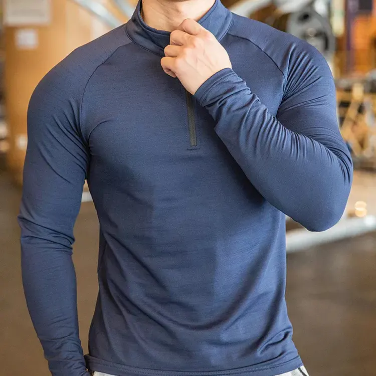 Produsen Kaus Olahraga Lengan Panjang Pria Gymwear Polyester 1/4 Quater Zip Kaus Kebugaran untuk Pria