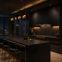 Meubles de cuisine de luxe discret noir mat, poignées or brossé, plan de travail en marbre noir, armoires modulaires à fermeture douce