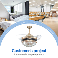 Ventilateur de plafond de luxe européen 48 pouces avec corps de lampe en cristal, pales en fer rétro, LED à intensité variable et télécommande intelligente