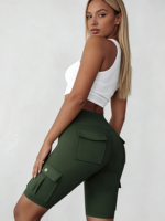 Shorts de sport taille haute vert olive en polyester respirant pour femme - Athlétique et ajusté avec extensibilité quadridirectionnelle et poches cargo