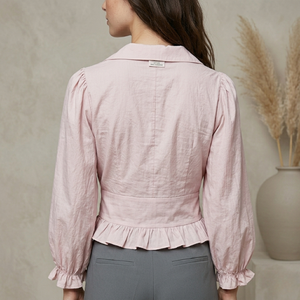 Women's Pink Linen Blouse With Ruffles Balloon Sleeve Turn-down Collar Button Down Spring Summer Modern Romantic Style ODM OEM - Product Image 2