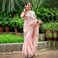NiMa Creations Traditioneller Gujarati Seidensari für Damen Rosa Blumenstickerei Bodenlang Normale Passform für Hochzeiten & Feiern
