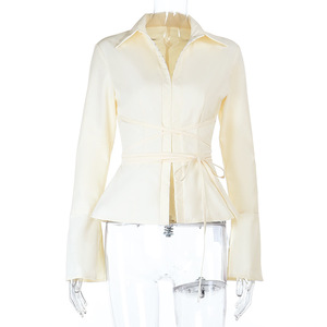 Camicetta <span class=keywords><strong>Elegante</strong></span> da Donna con Colletto a Risvolto, Maniche Lunghe, Bottoni Frontali, Vita Stretta e Lacci, Prodotti di Tendenza Nuovi Arrivi 2026 - Product Image 4