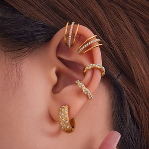 Pendientes de Moda de Acero Inoxidable 316L, Chapados en Oro de 14k y 18k, con Circonitas Finas, Pendientes de Clip para Mujer, Sin Perforación - Product Image 1