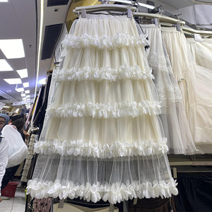 Nouvelle arrivée printemps mode dame taille élastique <span class=keywords><strong>en</strong></span> cascade volants fleur déco Sexy <span class=keywords><strong>Tulle</strong></span> maille longue <span class=keywords><strong>Beige</strong></span> noir jupes - Product Image 2