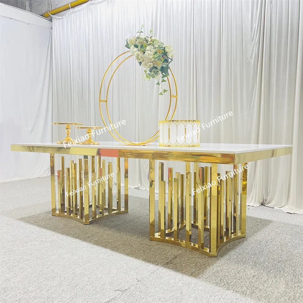 Customized Color Size Hotel Event Furniture Gold Stainless Steel White MDF Top Dining Table