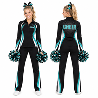 Set Pemanasan Cheerleading Starburst Rhinestone Warna Teal Hitam Jaket Full Zip Custom dengan Cetakan Anti-Luntur untuk Tim Cheerleading