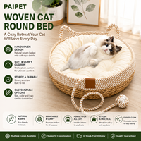 PAIPET Lit pour chat tissé rayé, type grotte, avec base personnalisée en corde de coton et paille, coussin et poignées en forme d'oreilles
